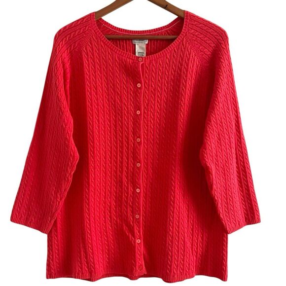 LL Bean Fisherman Cable Knit Cardigan Sweater 2X Coral Plus Size Preppy Classic - Picture 1 of 10